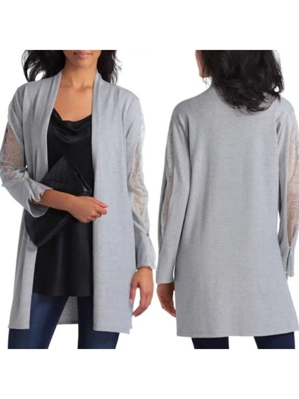 𝅺h Halston BNWT Gray Cardigan New Open Front Lace Sleeves